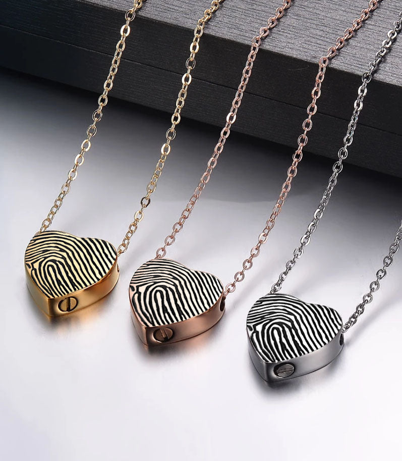 Custom Stainless Steel Fingerprint Heart Ash Cremation Necklace