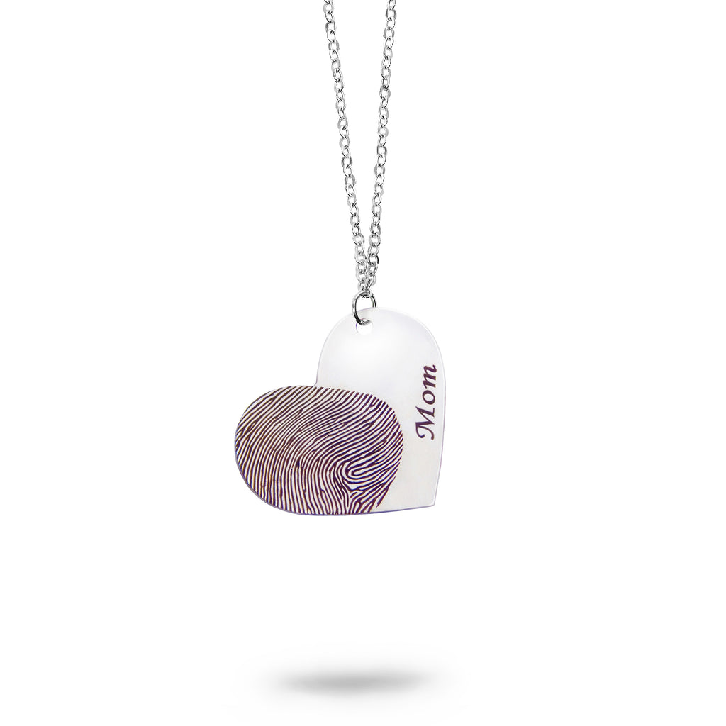 Custom Silver Fingerprint and Name Heart Necklace