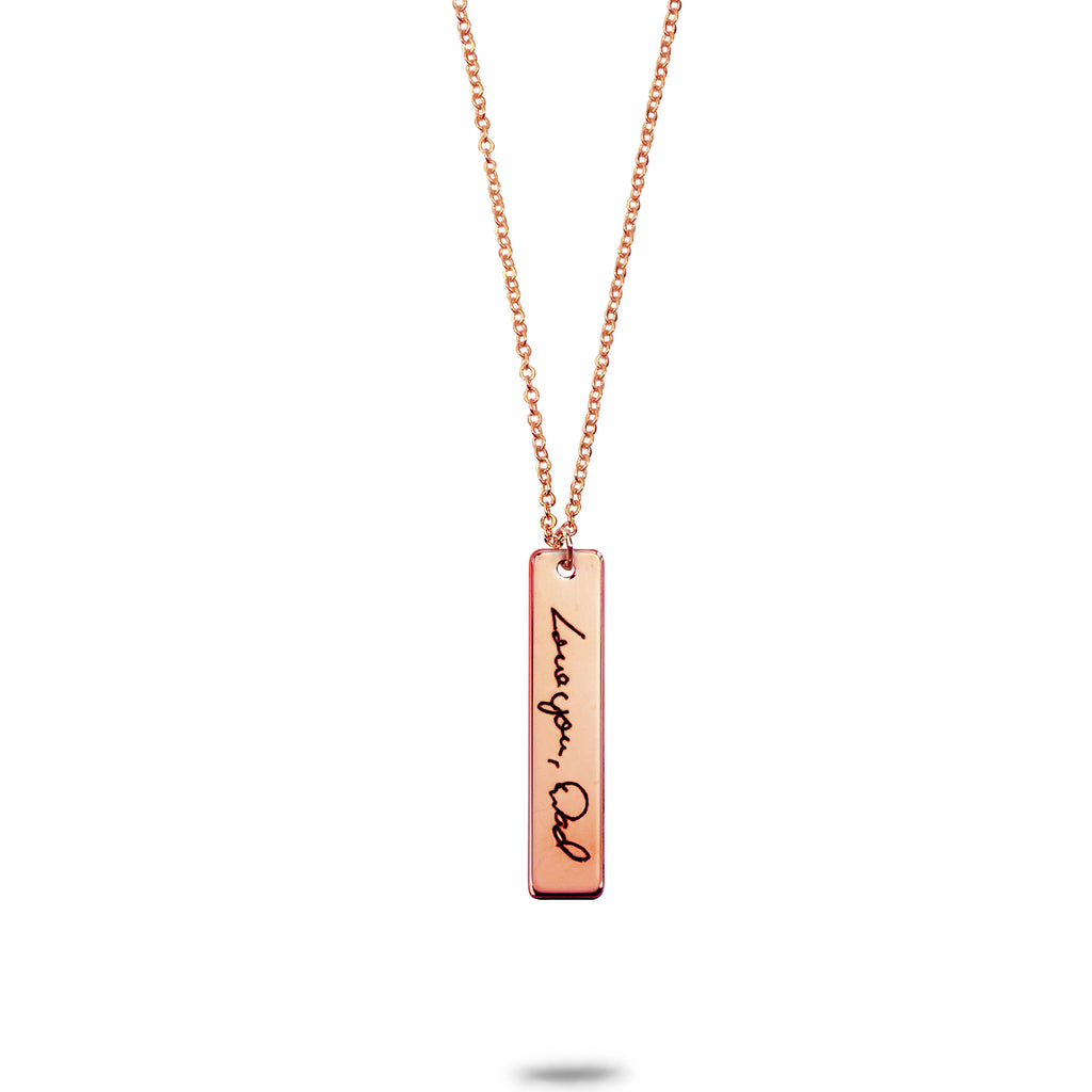 Custom Rose Gold Plated Handwriting Vertical Bar Necklace
