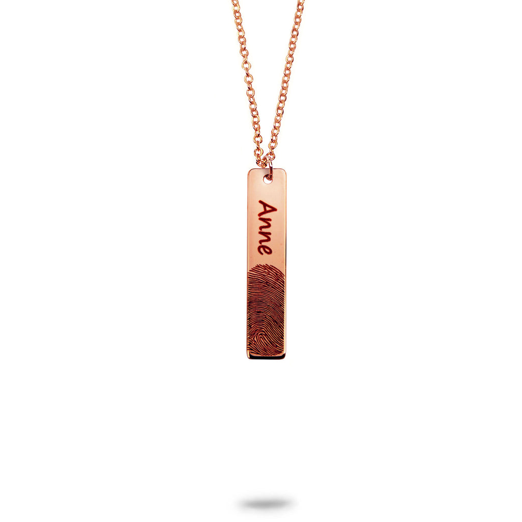 Custom Vertical Bar Fingerprint and Name Necklace Rose Gold Plated