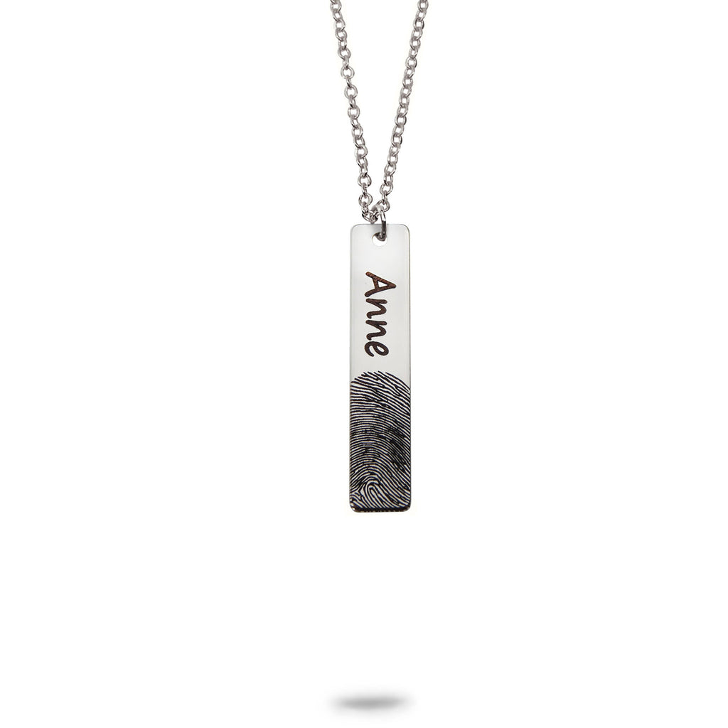 Custom Vertical Bar Fingerprint and Name Necklace Silver Plated